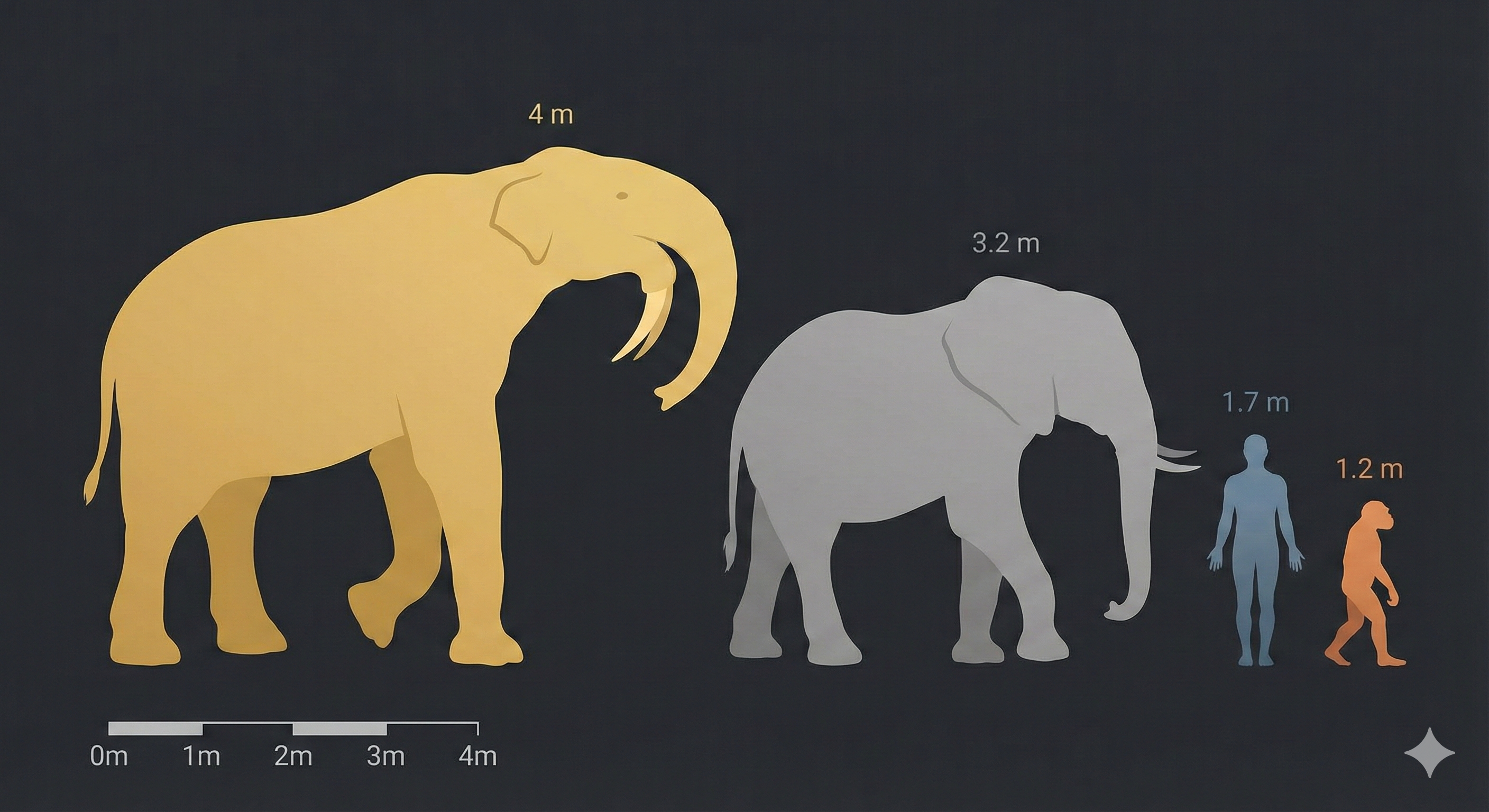 Size comparison showing Deinotherium dwarfing a modern African elephant and human