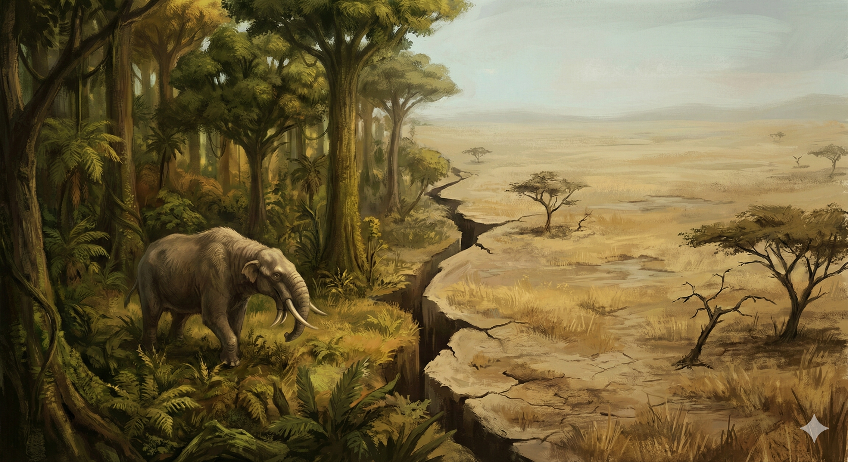 Deinotherium using its tusks to strip bark from a tree